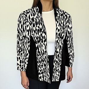 Chico’s Ponte Knit Black & White Cheetah Print Open Front 3/4 Sleeve Jacket XL